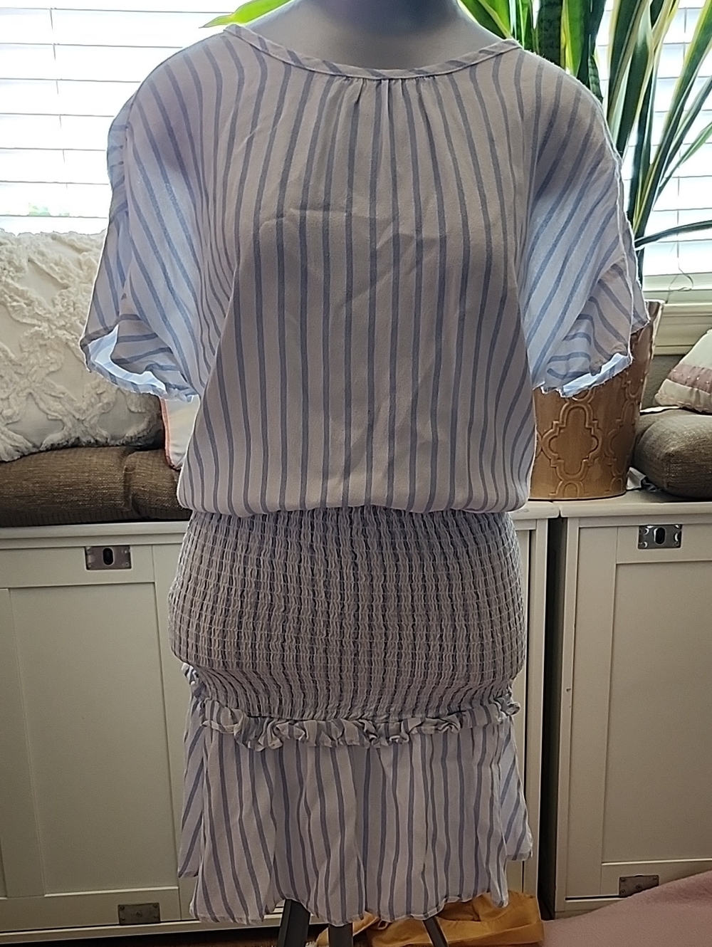 Aqua Light Blue and White Striped Smock Dress Size XS dr3